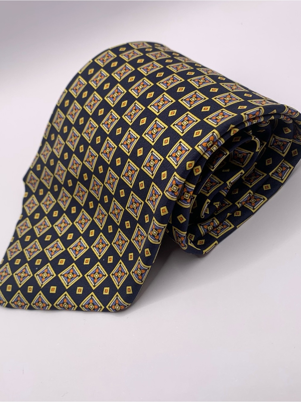 Brittany House London Black and Yellow Diamond-Pattern Silk Tie business formal